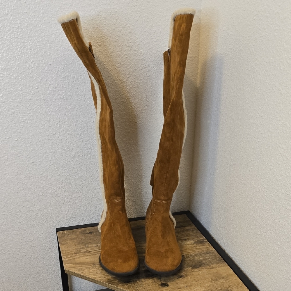 MIA Tall Suede Shearling Lined Boots in Chestnut Brown